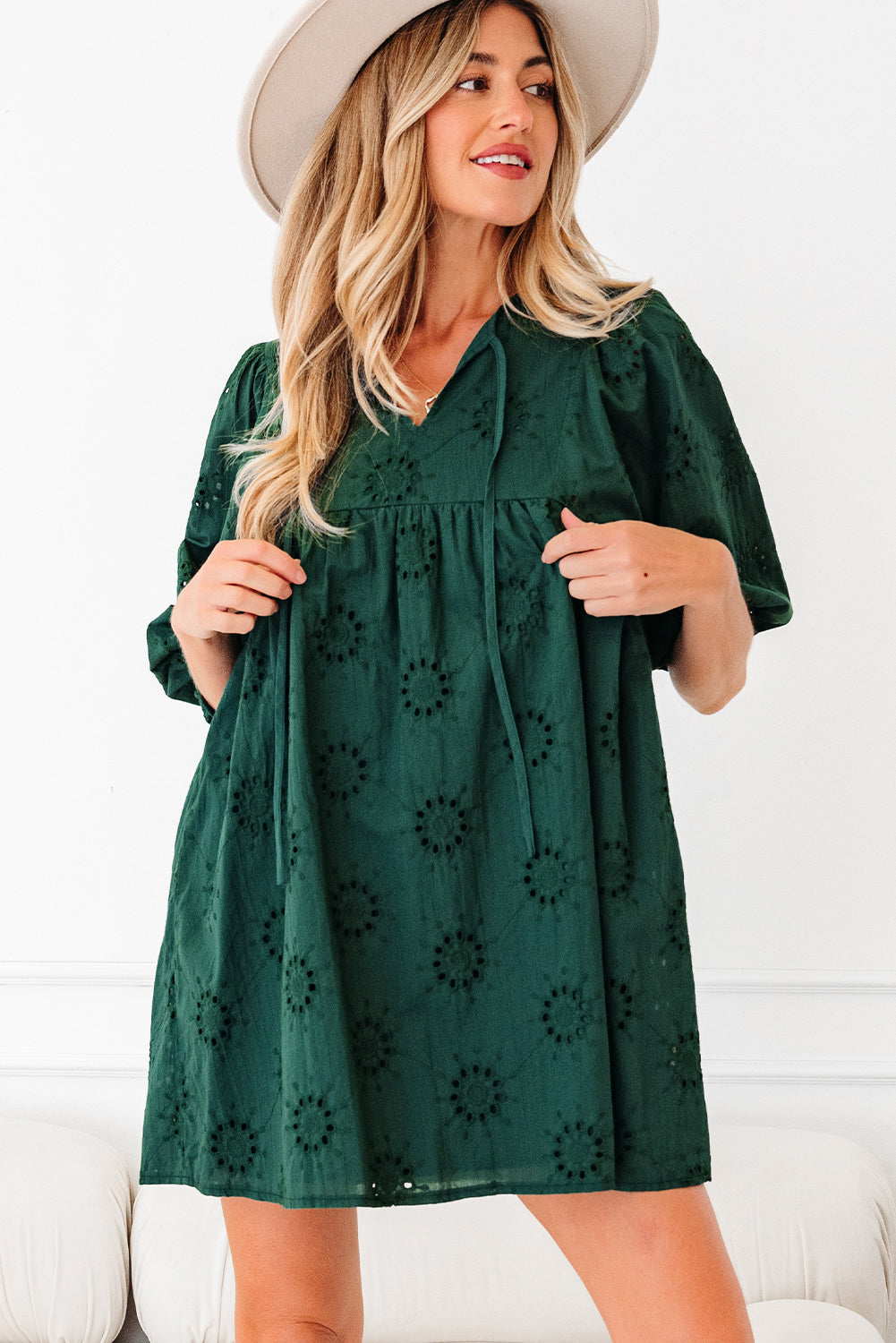 Blackish Green Eyelet Embroidered Swing Dress Puff Sleeve Dear-Lover Dropshipping